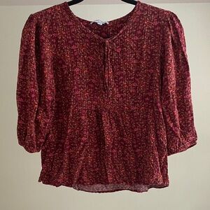 Women's Burgundy Floral Peasant Blouse - Relaxed Three-Quarter Sleeve
